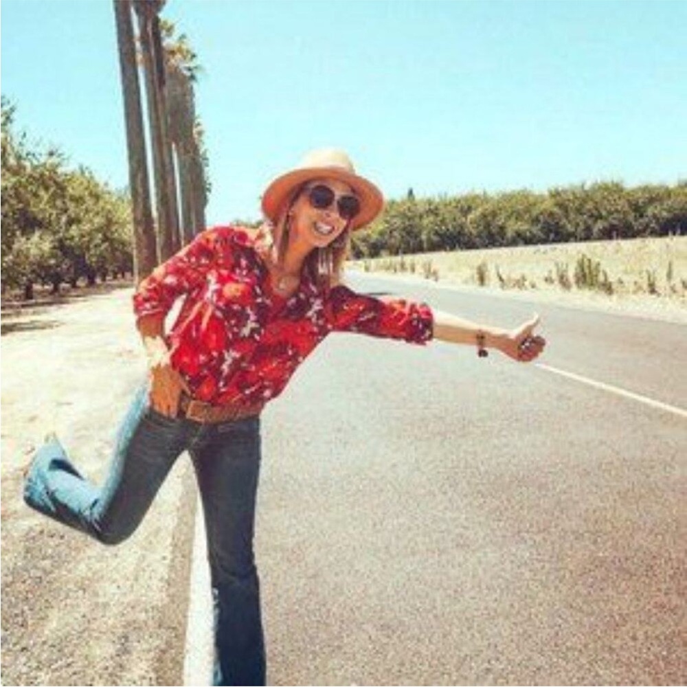 CAbi Red Floral Button Down Shirt Large
